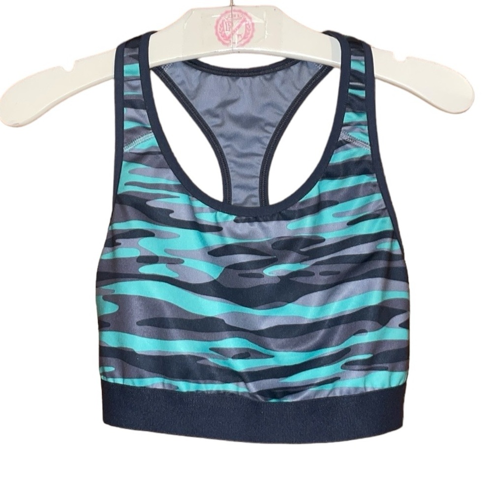 •OLD NAVY•TURQUOISE & GRAY CAMO "GO DRY," MEDIUM SUPPORT SPORTS BRA SIZE MEDIUM